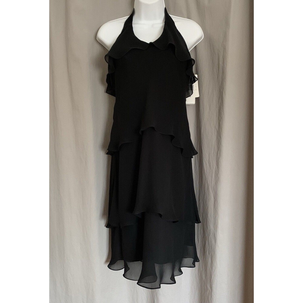 JONES New York Black 100% Silk Layered Chiffon Halter Dress Size 10 NWT